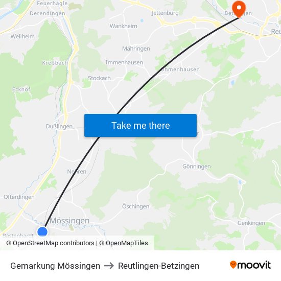 Gemarkung Mössingen to Reutlingen-Betzingen map