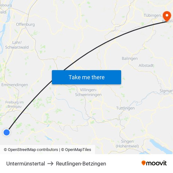 Untermünstertal to Reutlingen-Betzingen map
