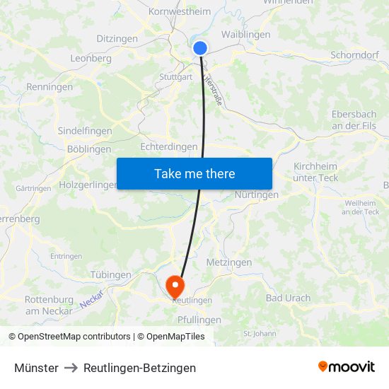 Münster to Reutlingen-Betzingen map