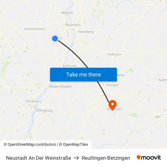 Neustadt An Der Weinstraße to Reutlingen-Betzingen map