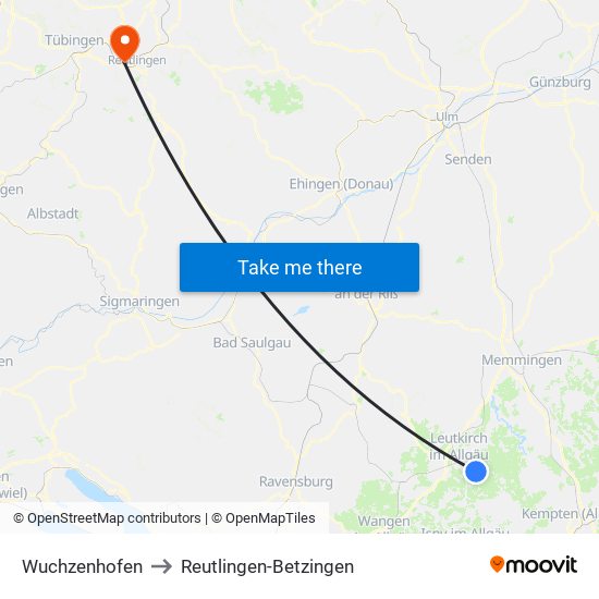 Wuchzenhofen to Reutlingen-Betzingen map