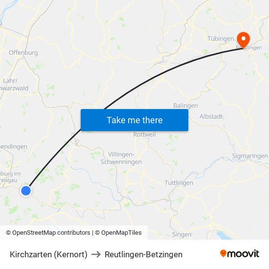 Kirchzarten (Kernort) to Reutlingen-Betzingen map