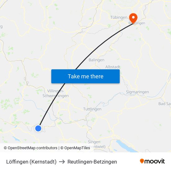 Löffingen (Kernstadt) to Reutlingen-Betzingen map