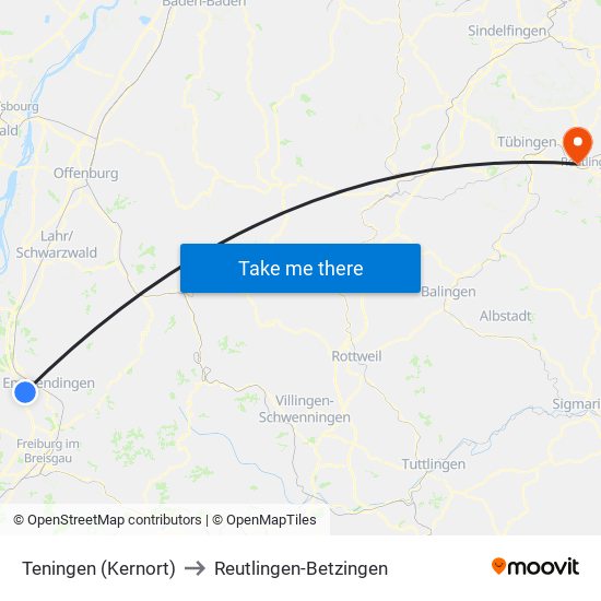 Teningen (Kernort) to Reutlingen-Betzingen map