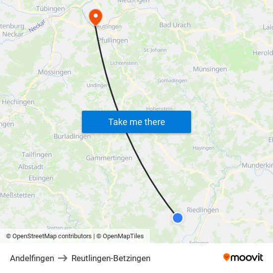 Andelfingen to Reutlingen-Betzingen map