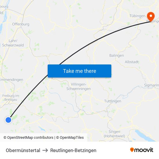 Obermünstertal to Reutlingen-Betzingen map