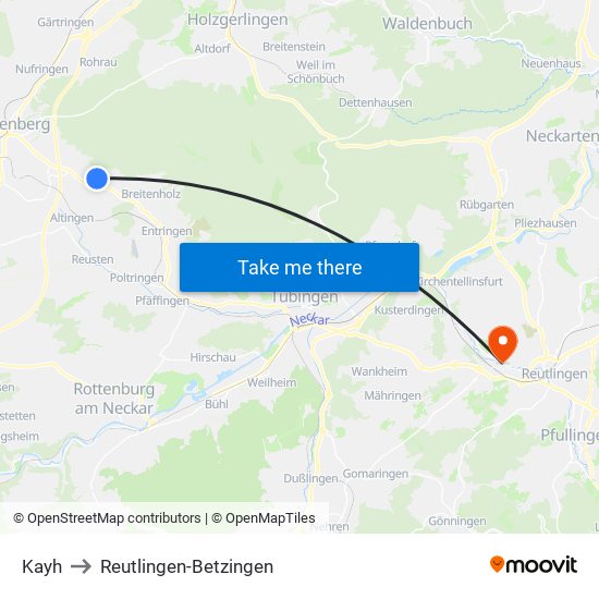 Kayh to Reutlingen-Betzingen map