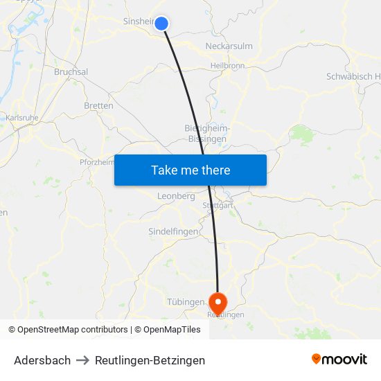 Adersbach to Reutlingen-Betzingen map