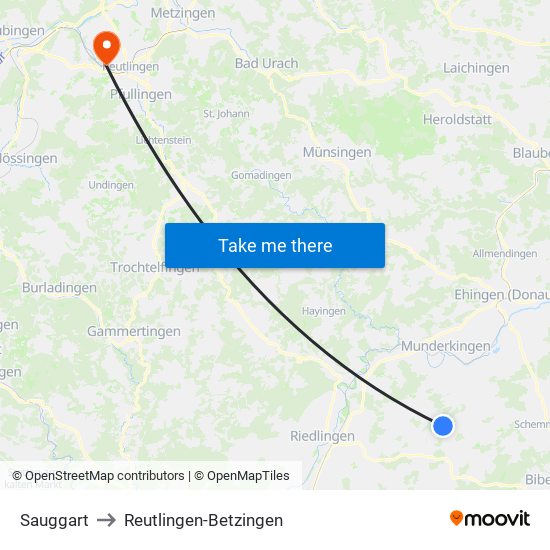 Sauggart to Reutlingen-Betzingen map