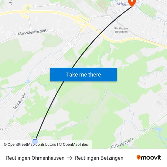 Reutlingen-Ohmenhausen to Reutlingen-Betzingen map