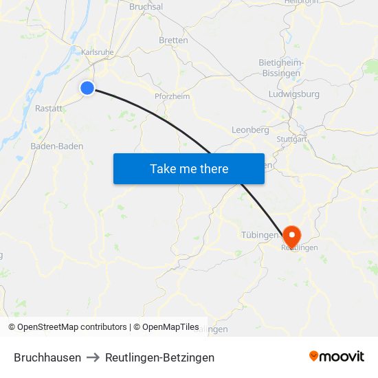 Bruchhausen to Reutlingen-Betzingen map