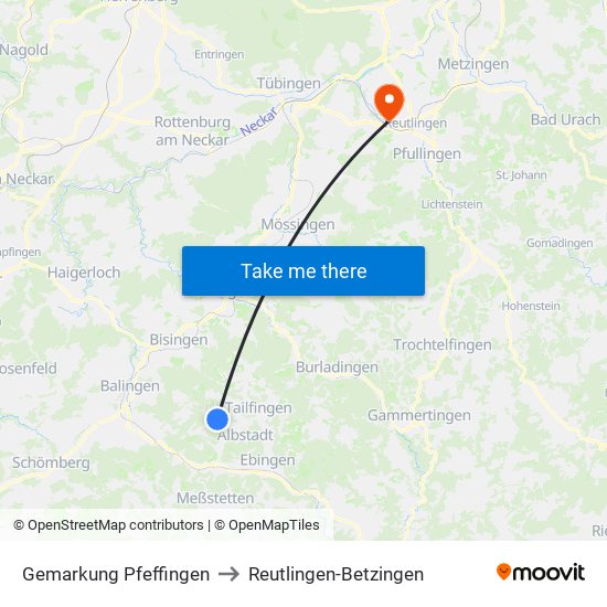 Gemarkung Pfeffingen to Reutlingen-Betzingen map