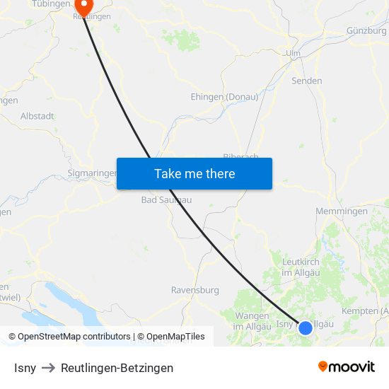 Isny to Reutlingen-Betzingen map