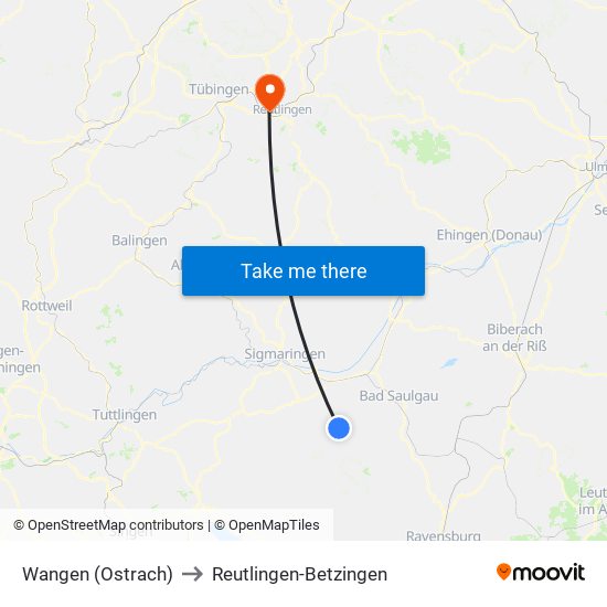 Wangen (Ostrach) to Reutlingen-Betzingen map