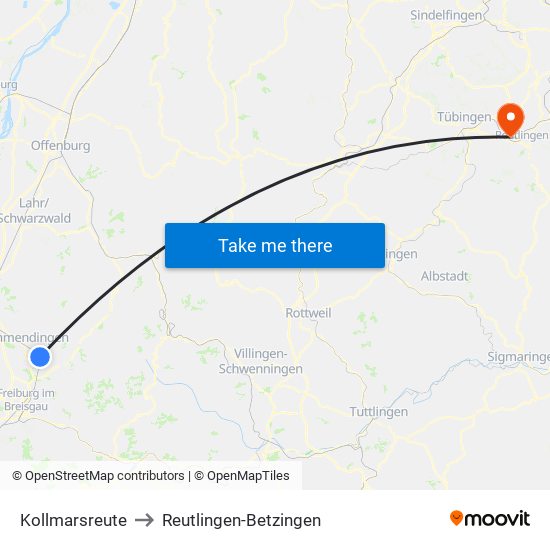 Kollmarsreute to Reutlingen-Betzingen map