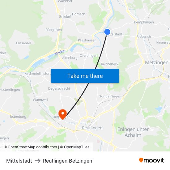 Mittelstadt to Reutlingen-Betzingen map