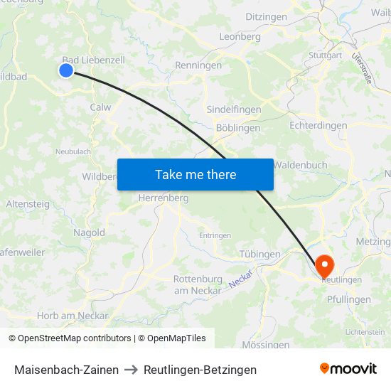 Maisenbach-Zainen to Reutlingen-Betzingen map