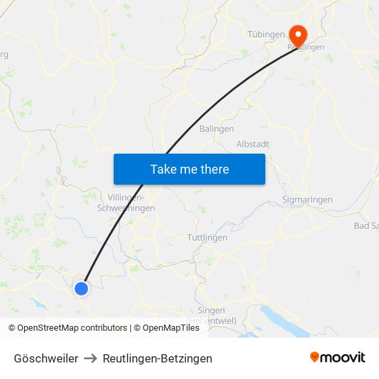 Göschweiler to Reutlingen-Betzingen map