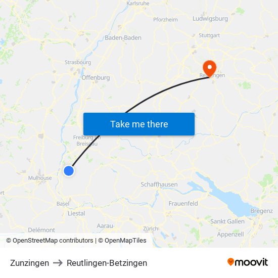 Zunzingen to Reutlingen-Betzingen map