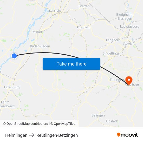 Helmlingen to Reutlingen-Betzingen map