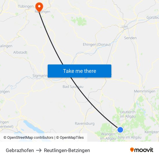 Gebrazhofen to Reutlingen-Betzingen map
