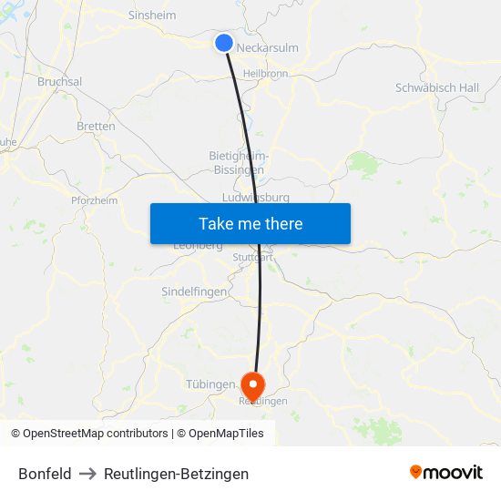 Bonfeld to Reutlingen-Betzingen map