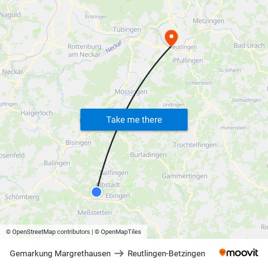 Gemarkung Margrethausen to Reutlingen-Betzingen map