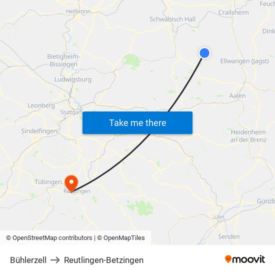 Bühlerzell to Reutlingen-Betzingen map