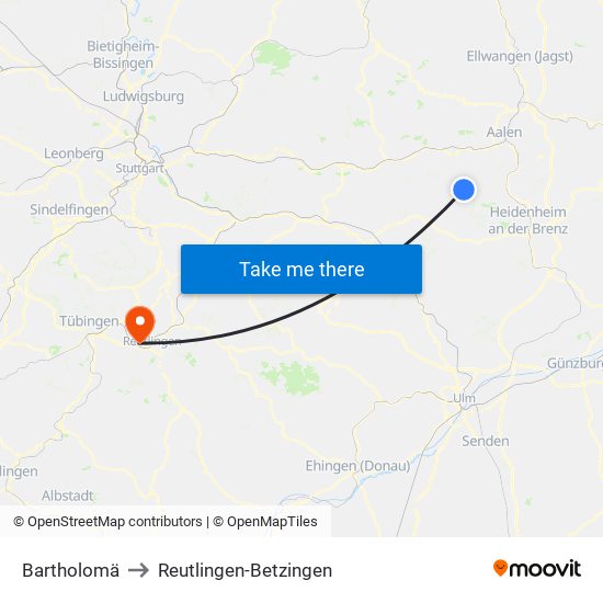 Bartholomä to Reutlingen-Betzingen map