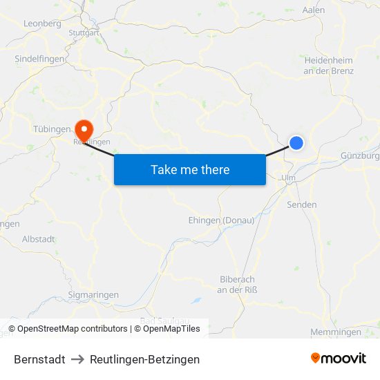 Bernstadt to Reutlingen-Betzingen map