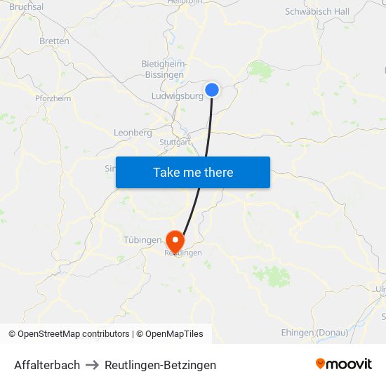 Affalterbach to Reutlingen-Betzingen map