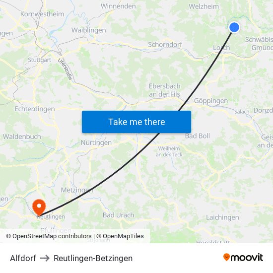 Alfdorf to Reutlingen-Betzingen map