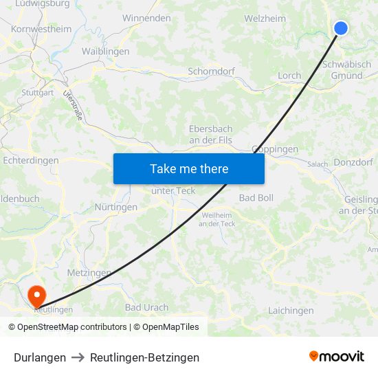 Durlangen to Reutlingen-Betzingen map