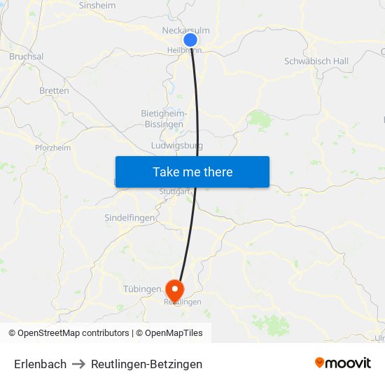 Erlenbach to Reutlingen-Betzingen map