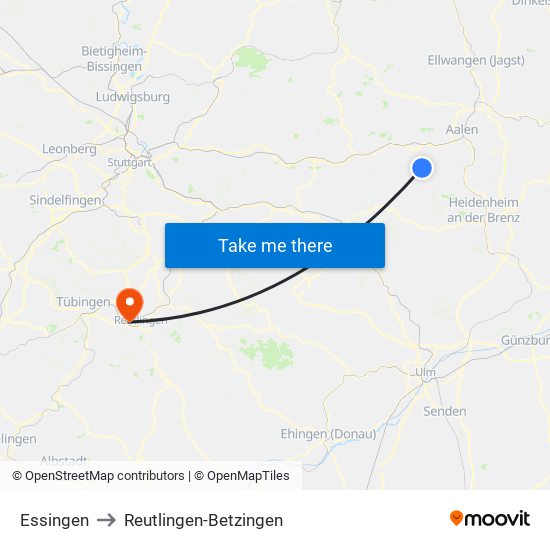 Essingen to Reutlingen-Betzingen map