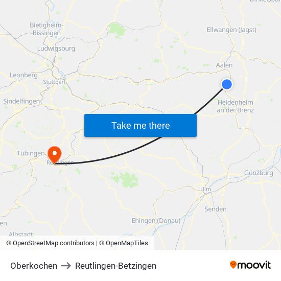 Oberkochen to Reutlingen-Betzingen map