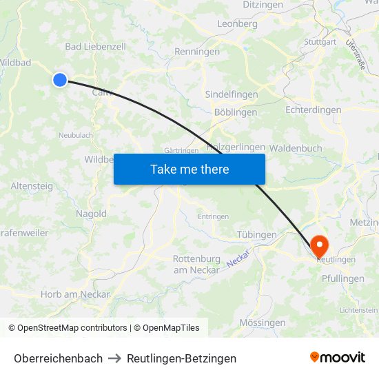 Oberreichenbach to Reutlingen-Betzingen map