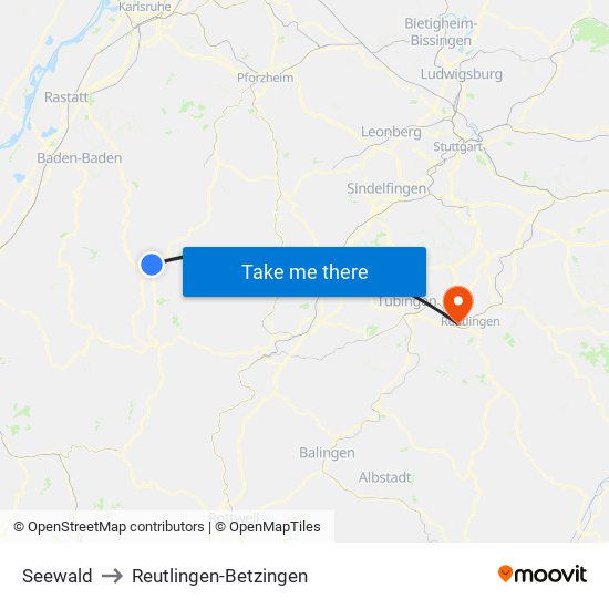 Seewald to Reutlingen-Betzingen map