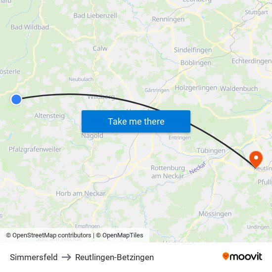 Simmersfeld to Reutlingen-Betzingen map