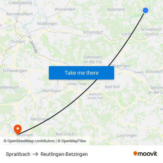 Spraitbach to Reutlingen-Betzingen map