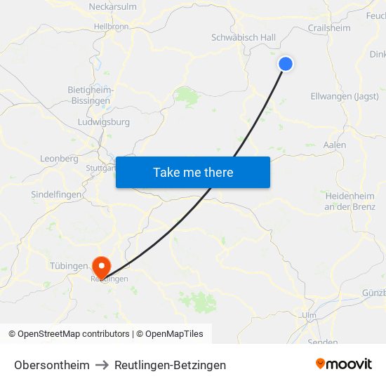 Obersontheim to Reutlingen-Betzingen map