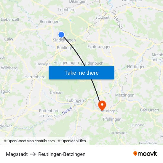 Magstadt to Reutlingen-Betzingen map