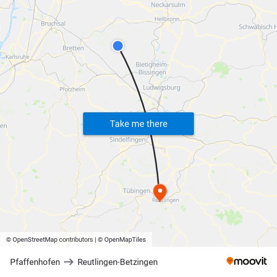 Pfaffenhofen to Reutlingen-Betzingen map