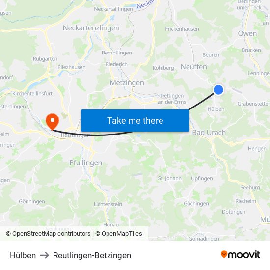 Hülben to Reutlingen-Betzingen map