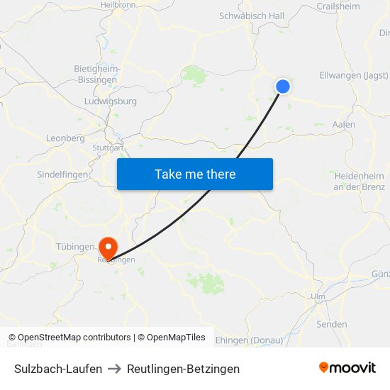 Sulzbach-Laufen to Reutlingen-Betzingen map