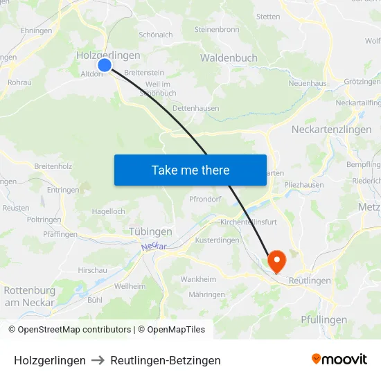 Holzgerlingen to Reutlingen-Betzingen map