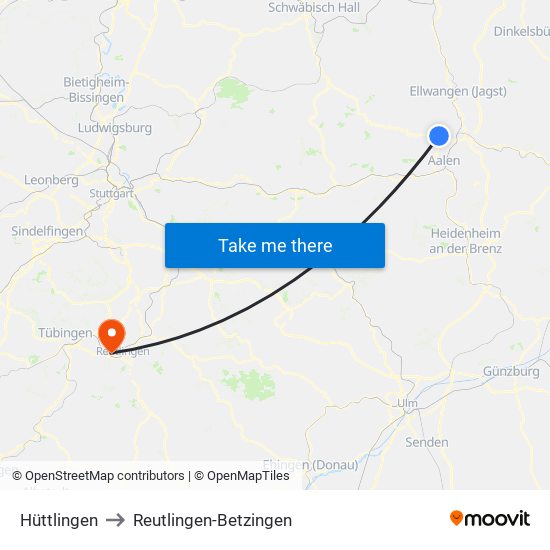 Hüttlingen to Reutlingen-Betzingen map