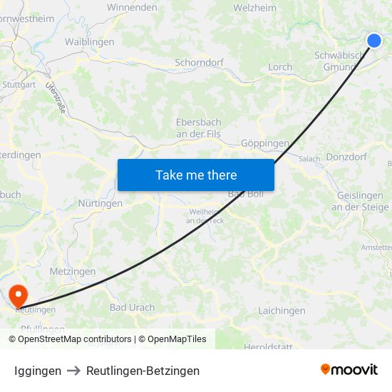 Iggingen to Reutlingen-Betzingen map