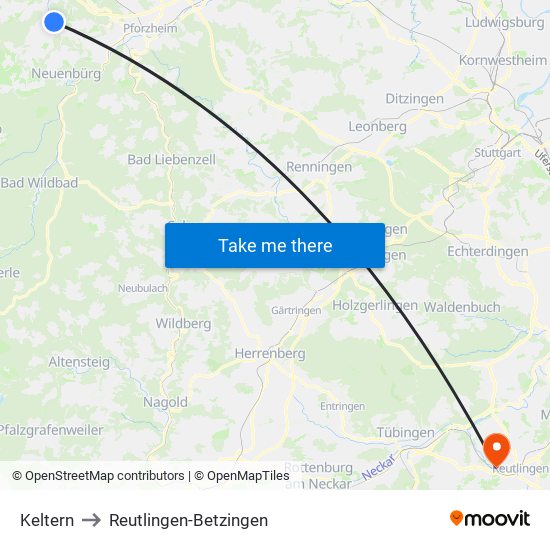 Keltern to Reutlingen-Betzingen map