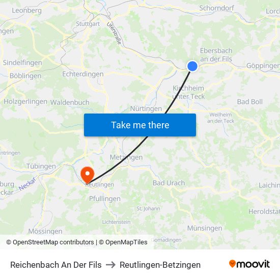 Reichenbach An Der Fils to Reutlingen-Betzingen map